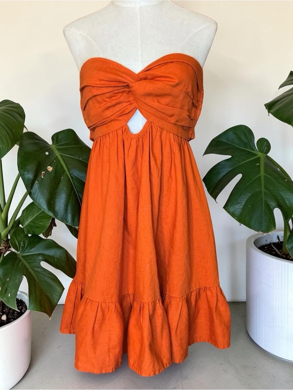 Cotton Candy LA Strapless Cutout Mini Dress Orange Linen Blend Large